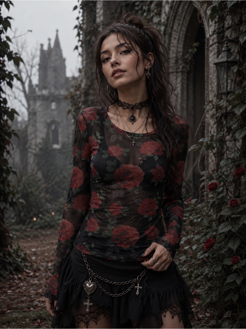 Orange Kiss Sheer Mesh Rose Print Whimsigoth Fairy Grunge Top Size M